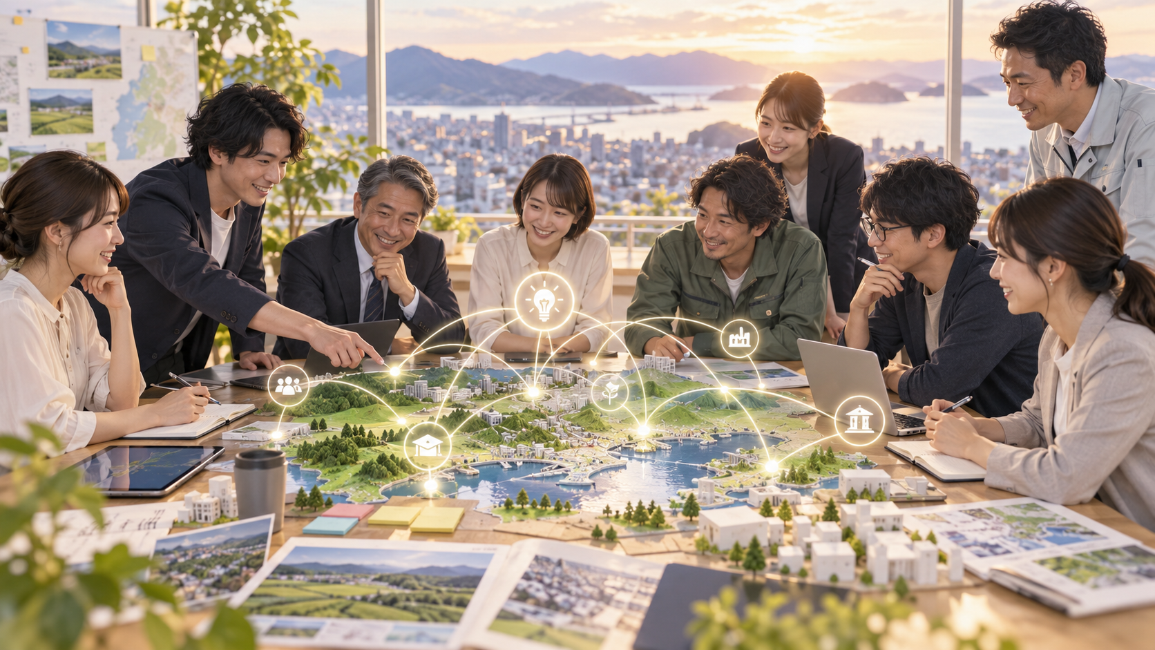 人々が地域と事業の未来を共創するイメージ